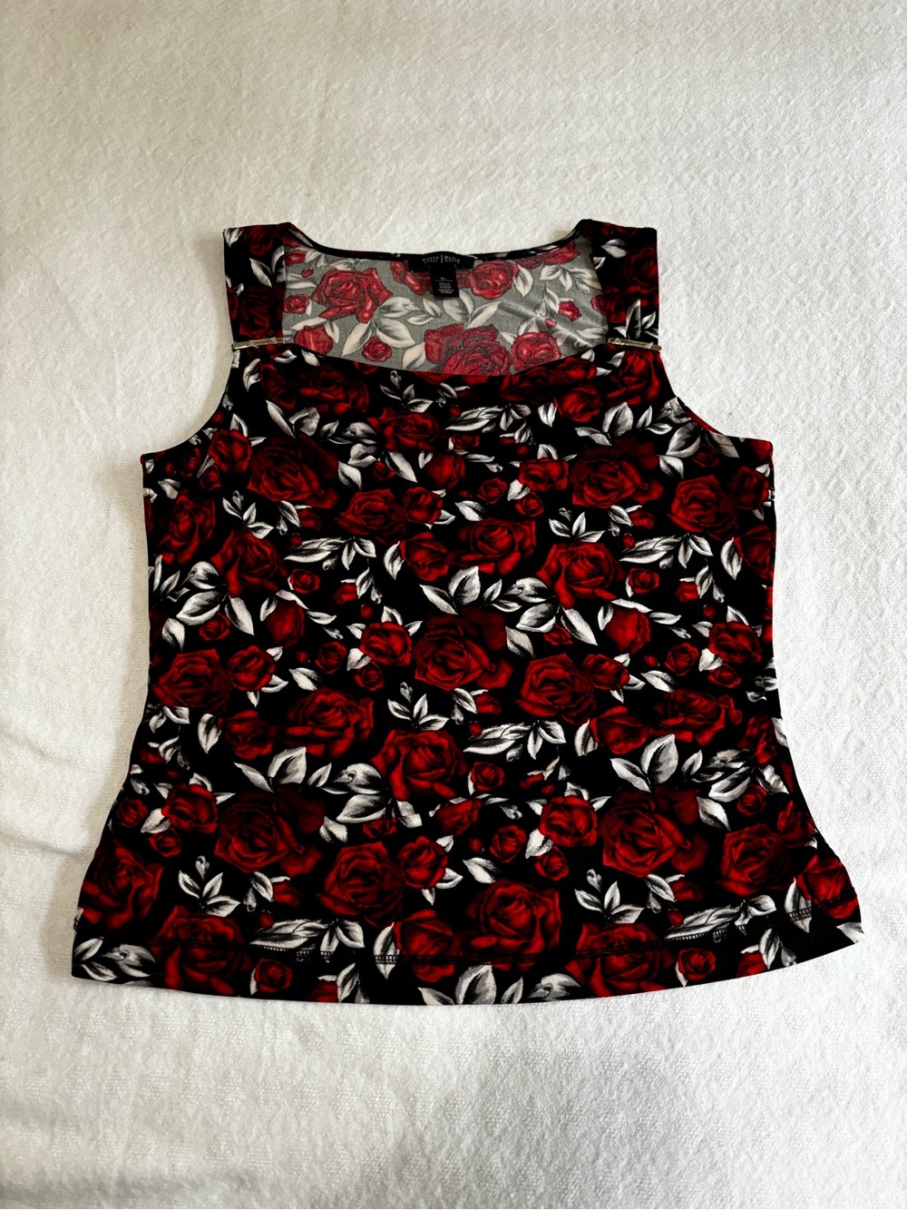 White House Black Market Red and Black Rose Print Sleeveless Tank